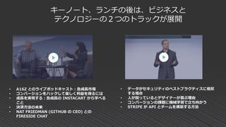 キーノート、ランチの後は、ビジネスと
テクノロジーの２つのトラックが展開
• A16Z とのライブポッドキャスト：急成長市場
• コンバージョンをハックして楽しく利益を得るには
• 成長を実現する：急成長の INSTACART から学べる
こと
• 決済方法の未来
• NAT FRIEDMAN (GITHUB の CEO) との
FIRESIDE CHAT
• データがセキュリティのベストプラクティスに相反
する場合
• 人が困っているとデザイナーが喜ぶ理由
• コンバージョンの課題に機械学習で立ち向かう
• STRIPE が API とチームを構築する方法
 