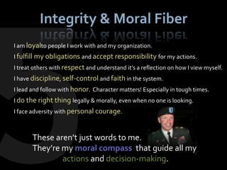 Integrity & Moral Fiber
I am loyalto people I work with and my organization.
I fulfill my obligations and accept responsibility for my actions.
I treat others with respect and understand it’s a reflection on how I view myself.
I have discipline, self-control and faith in the system.
I lead and follow with honor. Character matters! Especially in tough times.
I do the right thing legally & morally, even when no one is looking.
I face adversity with personal courage.



       These aren’t just words to me.
       They’re my moral compass that guide all my
               actions and decision-making.
 