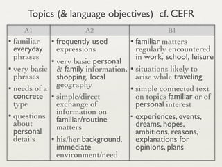 Topics (& language objectives) cf. CEFR
     A1                A2                         B1
• familiar   • frequently used       • familiarmatters
  everyday     expressions             regularly encountered
  phrases •                            in work, school, leisure
               very basic personal
• very basic & family information,   • situations likely to
  phrases      shopping, local         arise while traveling
• needs of a
               geography             • simple connected text
  concrete • simple/direct             on topics familiar or of
  type         exchange of             personal interest
• questions
               information on
                                     • experiences, events,
  about        familiar/routine
               matters                 dreams, hopes,
  personal                             ambitions, reasons,
  details    • his/her background,     explanations for
               immediate               opinions, plans
               environment/need
 