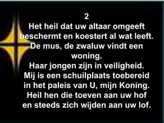 2
   Het heil dat uw altaar omgeeft
beschermt en koestert al wat leeft.
   De mus, de zwaluw vindt een
              woning.
   Haar jongen zijn in veiligheid.
 Mij is een schuilplaats toebereid
 in het paleis van U, mijn Koning.
  Heil hen die toeven aan uw hof
 en steeds zich wijden aan uw lof.
 