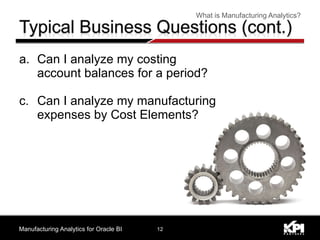 Can I analyze my costing account balances for a period? Can I analyze my manufacturing expenses by Cost Elements? Manufacturing Analytics for Oracle BI What is Manufacturing Analytics? 