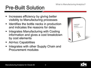 Increases efficiency by giving better visibility to Manufacturing processes Identifies the bottle necks in production and indicates the reasons for delay Integrates Manufacturing with Costing information and gives a cost breakdown by cost elements Ad-hoc Capabilities Integrates with other Supply Chain and Procurement modules Manufacturing Analytics for Oracle BI What is Manufacturing Analytics? 