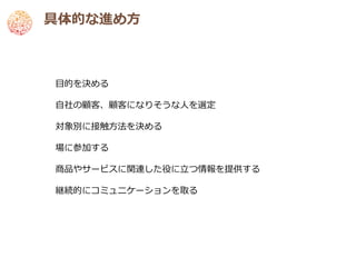具体的な進め方



目的を決める

自社の顧客、顧客になりそうな人を選定

対象別に接触方法を決める

場に参加する

商品やサービスに関連した役に立つ情報を提供する

継続的にコミュニケーションを取る
 