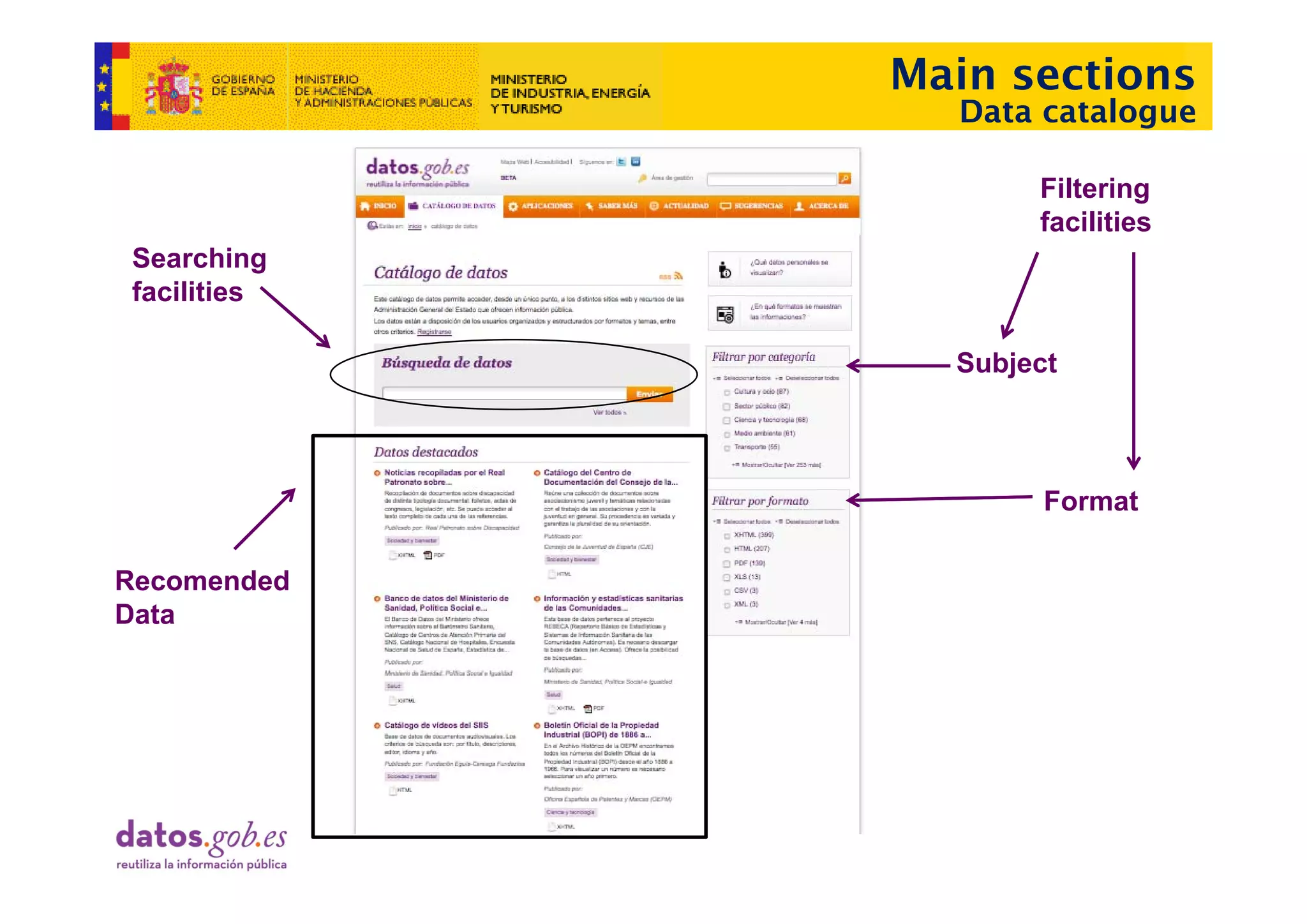 Main sections
               Data catalogue

                    Filtering
                    facilities
Searching
S      hi
facilities

               Subject
               S bj t



                     Format

Recomended
Data
 