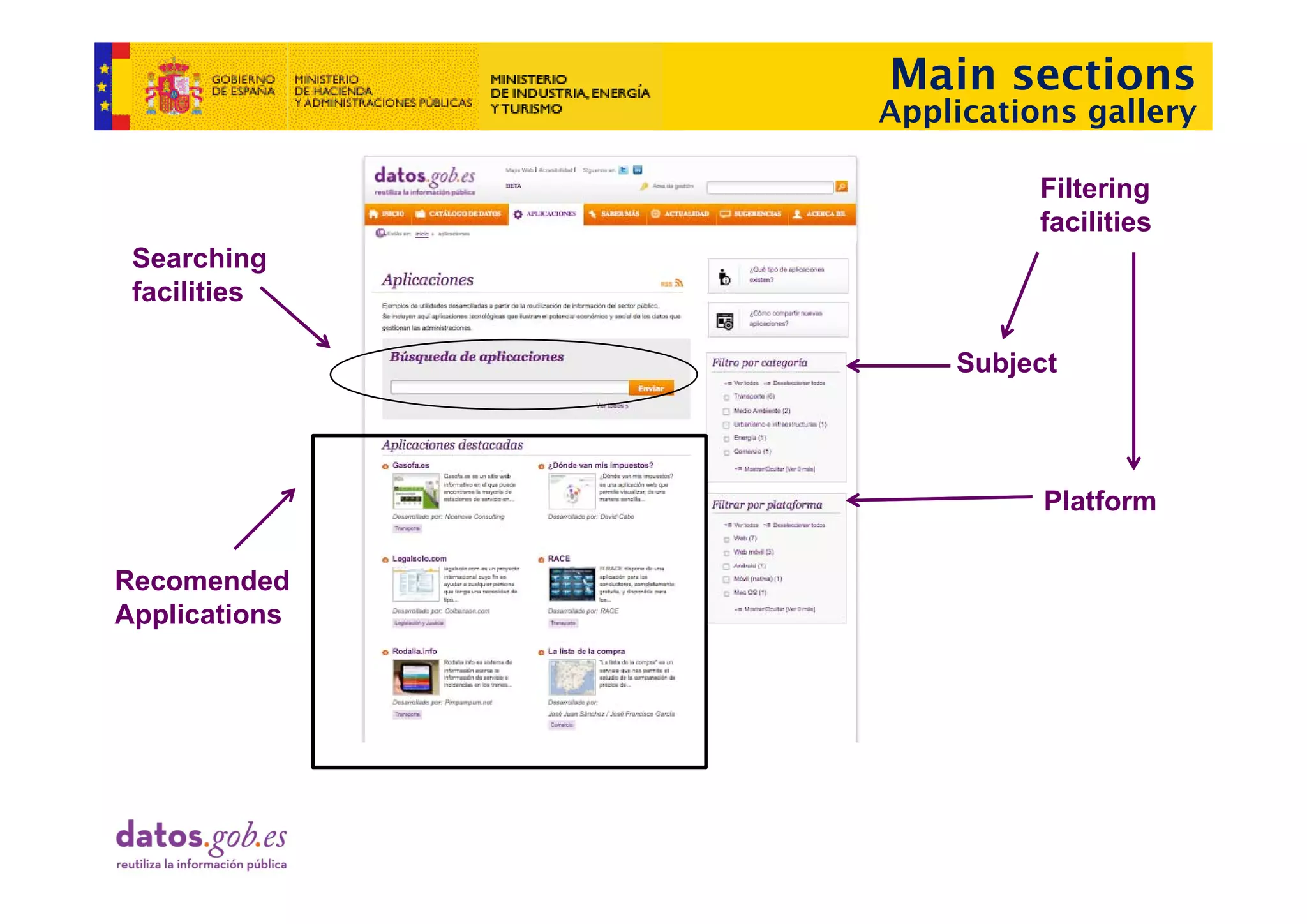 Main sections
               Applications gallery

                         Filtering
                         facilities
 Searching
 S      hi
 facilities

                   Subject
                   S bj t



                         Platform

Recomended
Applications
 