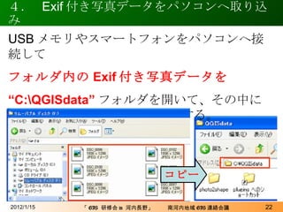 ４．  Exif 付き写真データをパソコンへ取り込み 2012/1/15 USB メモリやスマートフォンをパソコンへ接続して フォルダ内の Exif 付き写真データを “ C:\QGISdata” フォルダを開いて、その中に Exif 付き写真データを コピーする。 コピー 