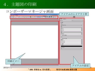 ４．主題図の印刷 2012/1/15 コンポーザーマネージャ画面 アイテムの設定 印刷イメージ アイテムのレイアウト管理 