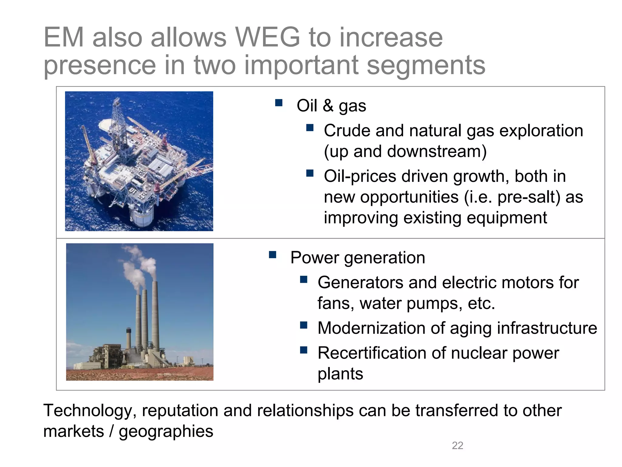 EM also allows WEG to increase
presence in two important segments
                                 Oil & gas
                                     Crude and natural gas exploration
                                     (up and downstream)
                                     Oil-prices driven growth, both in
                                     new opportunities (i.e. pre-salt) as
                                     improving existing equipment

                                Power generation
                                  Generators and electric motors for
                                  fans, water pumps, etc.
                                  Modernization of aging infrastructure
                                  Recertification of nuclear power
                                  plants

Technology, reputation and relationships can be transferred to other
markets / geographies
                                                      22
 
