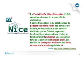 ‘‘ constitueraUnifié Client-Conseillerde
   Le Portail
              le cœur du nouveau SI
                                       (PUCC)

  distribution.
  Il permettra au client et au collaborateur de
  partager une même vision des comptes du
  titulaire, et des produits et des services
  distribués par les Caisses régionales.
  Ses fondations lui permettront d’offrir un
  fonctionnement multicanal, une intégration
  forte de la gestion de la relation client, des
  facilités de conception d’offres et des délais
  de mise sur le marché optimisés.
                                      ’’
                     Source: http://www.creditagricole.info


                                                              33
 