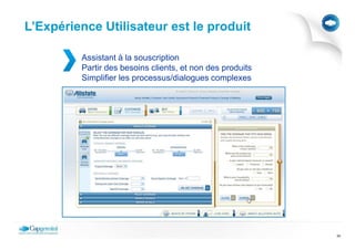 L’Expérience Utilisateur est le produit

         Assistant à la souscription
         Partir des besoins clients, et non des produits
         Simplifier les processus/dialogues complexes




                                                           34
 