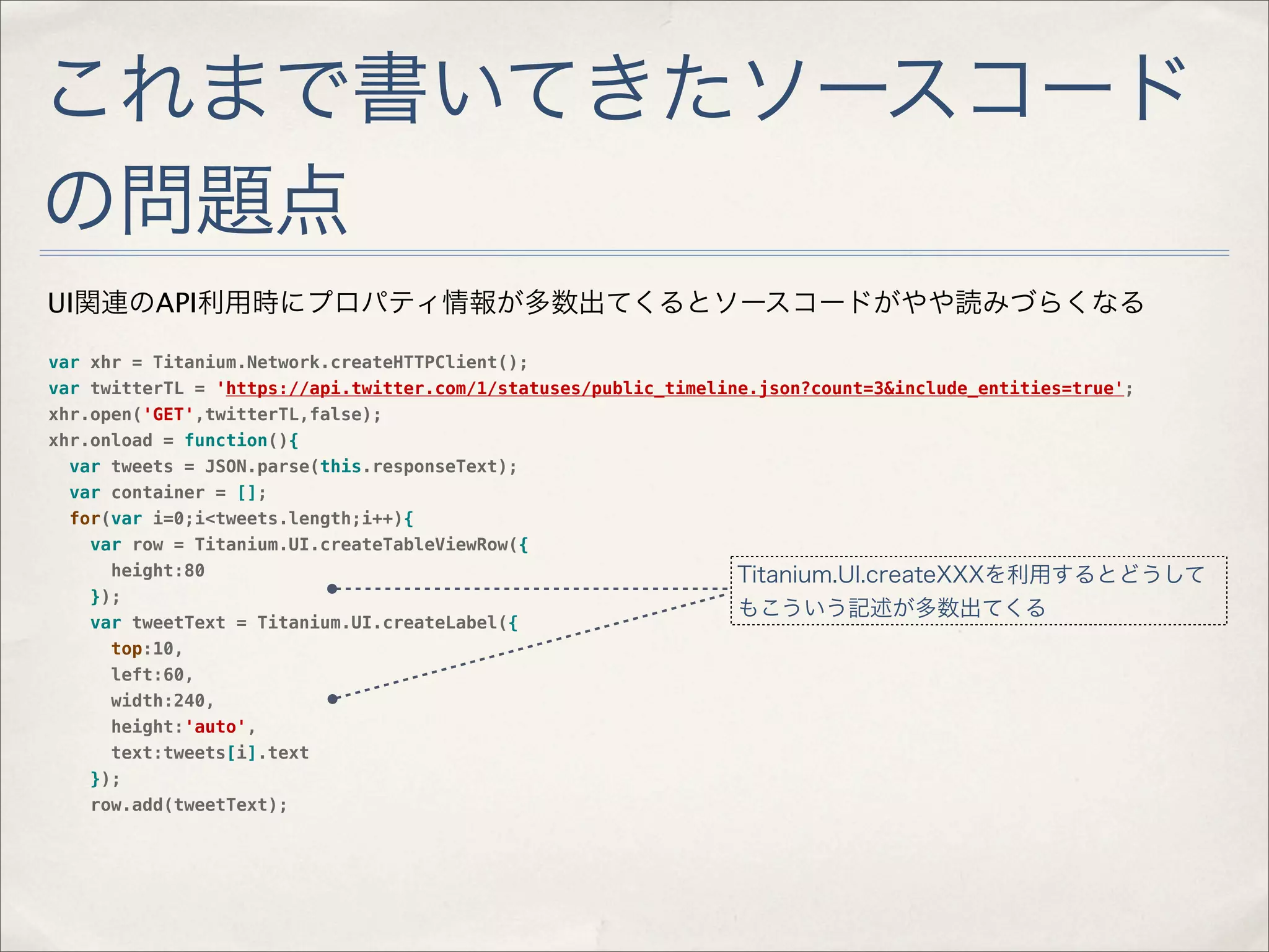 これまで書いてきたソースコード
の問題点
UI関連のAPI利用時にプロパティ情報が多数出てくるとソースコードがやや読みづらくなる

var xhr = Titanium.Network.createHTTPClient();
var twitterTL = 'https://api.twitter.com/1/statuses/public_timeline.json?count=3&include_entities=true';
xhr.open('GET',twitterTL,false);
xhr.onload = function(){
  var tweets = JSON.parse(this.responseText);
  var container = [];
  for(var i=0;i<tweets.length;i++){
    var row = Titanium.UI.createTableViewRow({
      height:80                                                   Titanium.UI.createXXXを利用するとどうして
    });
                                                                  もこういう記述が多数出てくる
    var tweetText = Titanium.UI.createLabel({
      top:10,
      left:60,
      width:240,
      height:'auto',
      text:tweets[i].text
    });
    row.add(tweetText);
 