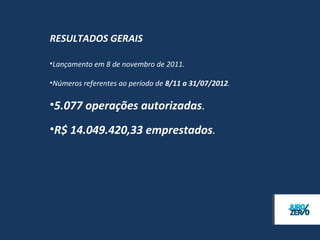 RESULTADOS GERAIS

• Lançamento em 8 de novembro de 2011.

• Números referentes ao período de 8/11 a 31/12/2012.


• 9.502 operações autorizadas.
• R$ 26.513.541,00 emprestados.
 