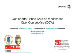 Qué aporta Linked Data en repositorios
                                   OpenCourseWare (OCW)
                   Edmundo Tovar (UPM etovar@ﬁ.upm.es ) - Nelson Piedra (UTPL, nopiedra@utpl.edu.ec | @nopiedra)

                                                                                                                        Madrid, 20 de Enero 2012
                                                                                                                         GRUPO UPM GICAC




                                                                                                                                                   #linkeddata #ocw #oer #SemWeb
                                                                                                                                                   #SemanticWeb #OpenCourseWare
                                                                                                                                                           #LOCWD #LOD

this work is licensed under a Creative Commons Attribution 3.0 License http://creativecommons.org/licenses/by/3.0/ec/
 