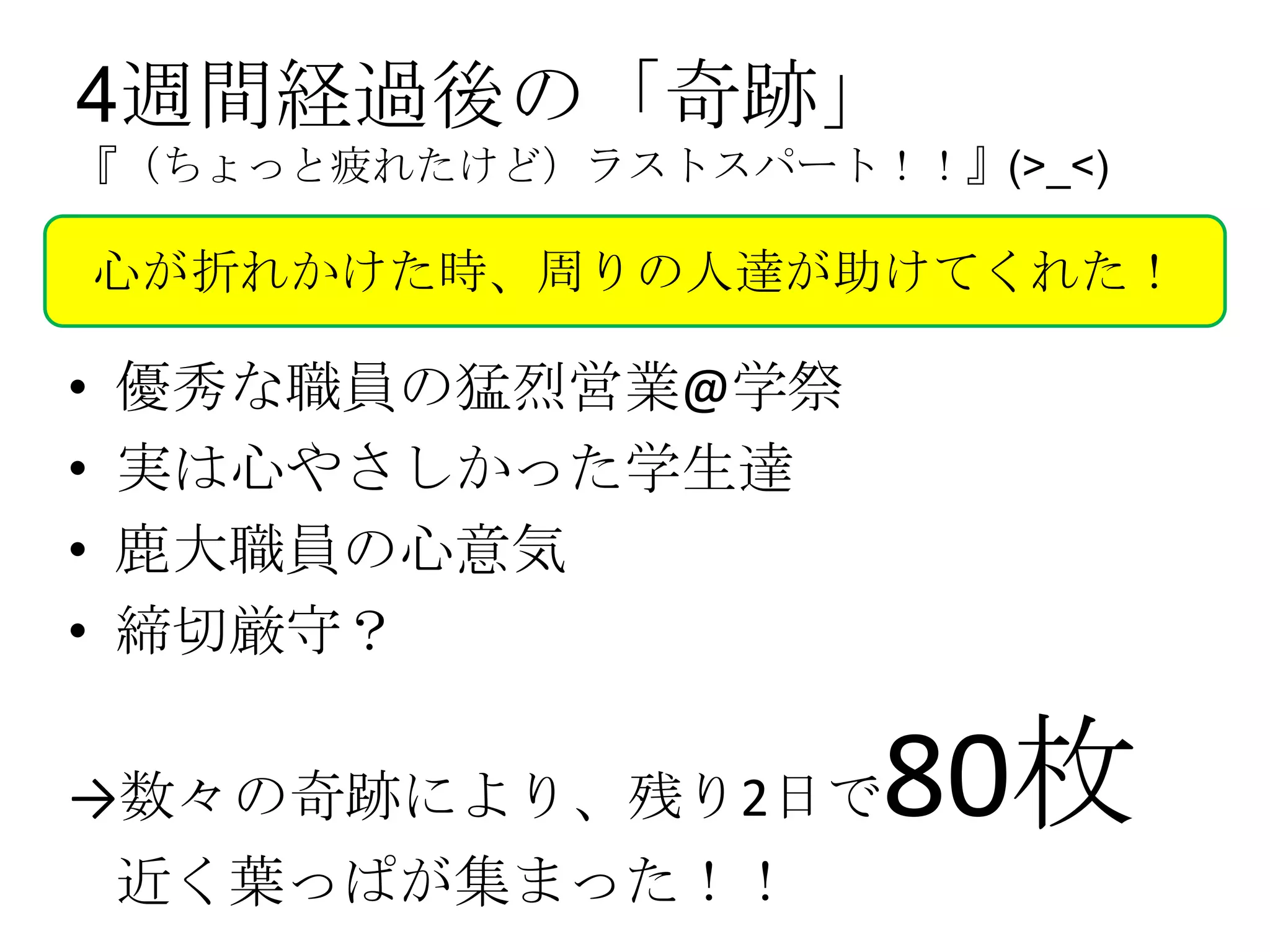 4週間経過後の「奇跡」
『（ちょっと疲れたけど）ラストスパート！！』(>_<)

    心が折れかけた時、周りの人達が助けてくれた！

•   優秀な職員の猛烈営業@学祭
•   実は心やさしかった学生達
•   鹿大職員の心意気
•   締切厳守？

→数々の奇跡により、残り2日で      80枚
    近く葉っぱが集まった！！
 