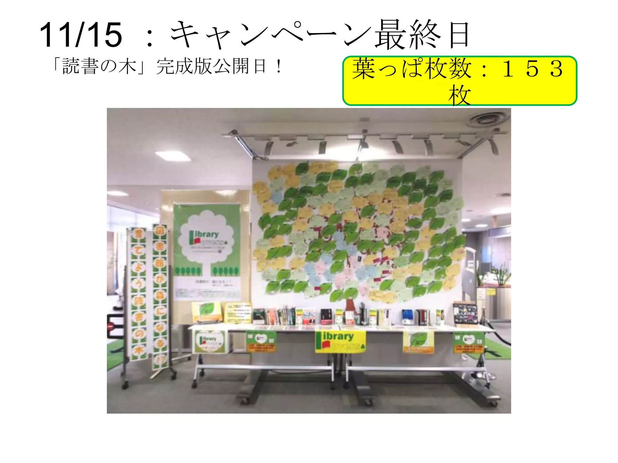 11/15 ：キャンペーン最終日
「読書の木」完成版公開日！   葉っぱ枚数：１５３
                    枚
 