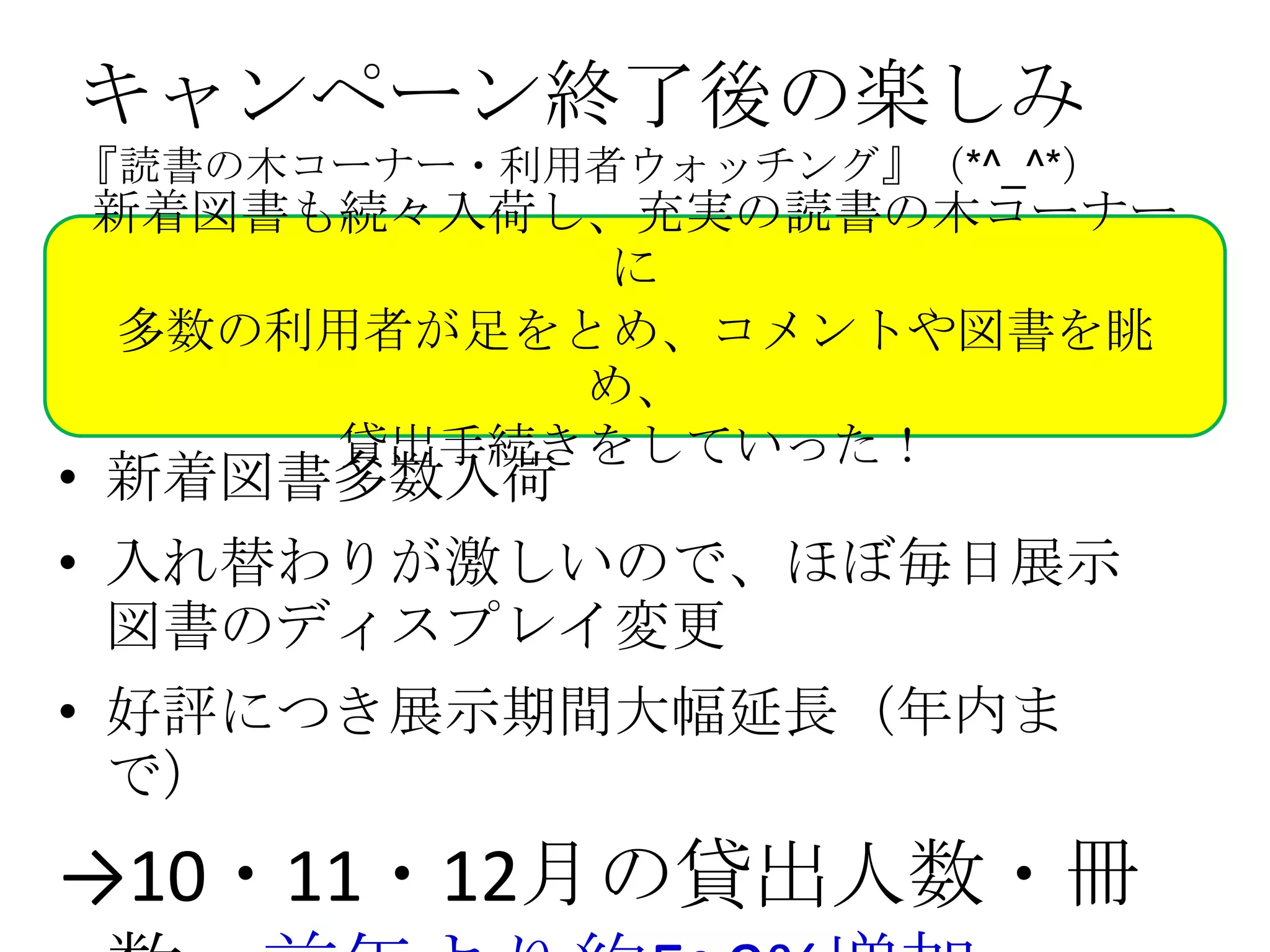 キャンペーン終了後の楽しみ
『読書の木コーナー・利用者ウォッチング』（*^_^*）
新着図書も続々入荷し、充実の読書の木コーナー
           に
多数の利用者が足をとめ、コメントや図書を眺
          め、
     貸出手続きをしていった！
• 新着図書多数入荷
• 入れ替わりが激しいので、ほぼ毎日展示
  図書のディスプレイ変更
• 好評につき展示期間大幅延長（年内ま
  で）
→10・11・12月の貸出人数・冊
 