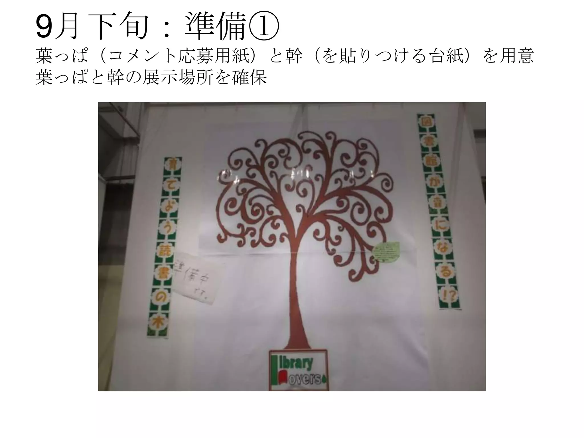 9月下旬：準備①
葉っぱ（コメント応募用紙）と幹（を貼りつける台紙）を用意
葉っぱと幹の展示場所を確保
 