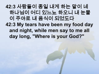 42:3 사람들이 종일 내게 하는 말이 네
 하나님이 어디 있느뇨 하오니 내 눈물
 이 주야로 내 음식이 되었도다
42:3 My tears have been my food day
 and night, while men say to me all
 day long, "Where is your God?"
 