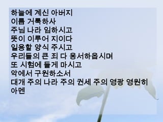 하늘에 계신 아버지
이름 거룩하사
주님 나라 임하시고
뜻이 이루어 지이다
일용할 양식 주시고
우리들의 큰 죄 다 용서하옵시며
또 시험에 들게 마시고
악에서 구원하소서
대개 주의 나라 주의 권세 주의 영광 영원히
아멘
 