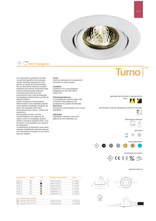 Spot’s




               led / halogénio
                                                                                                                                                        103



Com aplicação encastrada e formato             Corpo:
                                                                                                               Turno
circular este aparelho de iluminação,          Alumínio injectado com acabamento
versão orientável segundo um eixo,             escovado ou pintura epoxy
permite a criação de uma iluminação
fixa ou direccional, obtendo-se assim          Casquilho:
ambientes decorativos produzidos pelo          Cerâmico GU5.3, para lâmpada
realce de determinados aspectos.               halogéneo ou LED, QR-CB51 e
Concebido para funcionar com                   Power LED
praticamente todo o tipo de lâmpadas
                                                                                                        aplicação da luminária e emissão de luz
de halogéneo, fluorescentes ou LED, de         Alimentação eléctrica:
diâmetro 50mm.                                 A sua ligação ao transformador (não
Utilizar tensões de funcionamento              incluído), é efectuada aos fios
diferenciadas é uma realidade possível         condutores do suporte de lâmpada
neste pequeno downlight, equipado de           Normativa:
série com casquilho GU5.3 para                 Produto em conformidade com a norma         alimentação e tipo de equipamento eléctrico incluído
funcionamento em 12volts – classe III de       EN60598 -1
isolamento.                                                                                                                                      12V
Em situações a evitar o uso de                 Aplicações:
transformadores com objectivo de               Habitações, espaços comerciais,
reduzir custos na instalação, permite          galerias de arte, joalharias, etc.                                           informações diversas
utilizar o acessório (suporte GU10- CL2),
tornando-o num aparelho com classe II
de isolamento.
                                                                                                                                              30º 30º
A substituição da lâmpada é uma tarefa
bastante simplificada, bastando apenas
                                                                                                                                           opcionais
um movimento de rotação no aro interior
para ser retirada.



                                                                                                                                  cores disponíveis

                                                                                     00          100    50       40        25         15         ?



                                                                                                                          informação normativa

                                                                                                                        ...0.5m    IP         850º

                                                                                                                                     20


                                                                                                                                  desenho técnico



casquilho       watts        cor            código de produto          peso
GU5.3           50            00
                                            1380752220                 0,15Kg
GU5.3           50            100
                                            1380752221                 0,15Kg
GU5.3           50            50
                                            1380752222                 0,15Kg
GU5.3           50            40
                                            1380990172                 0,15Kg
GU5.3           50            25
                                            1380990171                 0,15Kg
GU5.3           50            15
                                            1380990173                 0,15Kg

acessórios opcionais
   suporte GU10-CL1                         1380540002                 0,040Kg            82mm
   suporte GU10-CL2                         1380540003                 0,048Kg
 