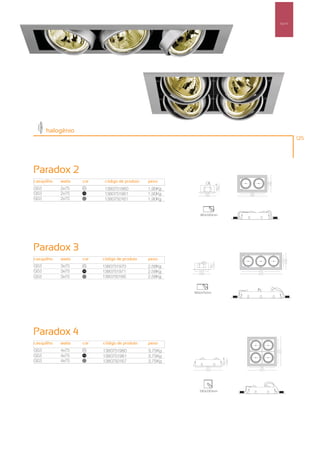 Spot’s




      halogénio
                                                                                125




Paradox 2
casquilho   watts   cor    código de produto   peso
G53         2x75    00
                           1380751960          1,90Kg
G53         2x75    100
                           1380751961          1,90Kg
G53         2x75    50
                           1380750161          1,90Kg


                                                           180x330mm




Paradox 3
casquilho   watts   cor   código de produto    peso
G53         3x75    00
                          1380751970           2,58Kg
G53         3x75    100
                          1380751971           2,58Kg
G53         3x75    50
                          1380750166           2,58Kg


                                                        180x475mm




Paradox 4
casquilho   watts   cor   código de produto    peso
G53         4x75    00
                          1380751980           3,75Kg
G53         4x75    100
                          1380751981           3,75Kg
G53         4x75    50
                          1380750167           3,75Kg




                                                          330x330mm
 