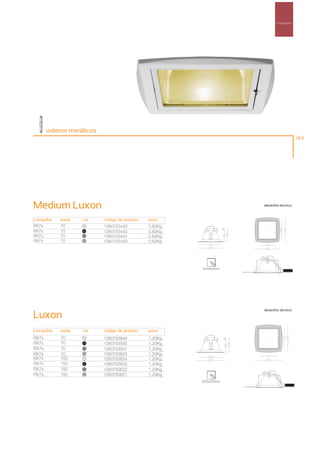 Projectores




       iodetos metálicos
                                                                                        143




Medium Luxon                                                        desenho técnico


casquilho   watts   cor    código de produto   peso
RX7s        70      00
                           1380753440          0,82Kg
RX7s        70      100
                           1380753442          0,82Kg
RX7s        70      50
                           1380753441          0,82Kg
RX7s        70      40
                           1380753443          0,82Kg




                                                        165x160mm




                                                                    desenho técnico
Luxon
casquilho   watts   cor    código de produto   peso
RX7s        70      00
                           1380750948          1,20Kg
RX7s        70      100
                           1380753592          1,20Kg
RX7s        70      50
                           1380753591          1,20Kg
RX7s        70      40
                           1380750823          1,20Kg
RX7s        150     00
                           1380750824          1,20Kg
RX7s        150     100
                           1380753602          1,20Kg
RX7s        150     50
                           1380750822          1,20Kg
RX7s        150     40
                           1380750821          1,20Kg
                                                        205x205mm
 