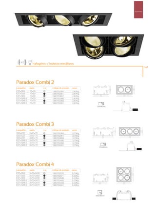 Projectores




               halogénio / iodetos metálicos
                                                                                        147




Paradox Combi 2
casquilho   watts       cor   código de produto   peso
E27+G53     70+50       00
                              1380752050          2,67Kg
E27+G53     70+50       100
                              1380752051          2,67Kg
E27+G53     70+50       50
                              1380750607          2,67Kg
E27+GX8.5   70+70       00
                              1380753380          2,67Kg
E27+GX8.5   70+70       100
                              1380753382          2,67Kg
E27+GX8.5   70+70       50
                              1380753381          2,67Kg
                                                            330x180mm




Paradox Combi 3
casquilho   watts       cor   código de produto   peso
G53+E27     2x50+70     00
                              1380752060          3,75Kg
G53+E27     2x50+70     100
                              1380752061          3,75Kg
G53+E27     2x50+70     50
                              1380750608          3,75Kg
E27+GX8.5   2x70+70     00
                              1380753390          3,75Kg
E27+GX8.5   2x70+70     100
                              1380753392          3,75Kg
E27+GX8.5   2x70+70     50
                              1380753391          3,75Kg
                                                              475x180mm




Paradox Combi 4
casquilho   watts       cor   código de produto   peso
E27+G53     2x70+2x50   00
                              1380752070          5,00Kg
E27+G53     2x70+2x50   100
                              1380752071          5,00Kg
E27+G53     2x70+2x50   50
                              1380750598          5,00Kg
E27+GX8.5   2x70+2x70   00
                              1380753400          5,00Kg
E27+GX8.5   2x70+2x70   100
                              1380753402          5,00Kg
E27+GX8.5   2x70+2x70   50
                              1380753401          5,00Kg




                                                           330x330mm
 