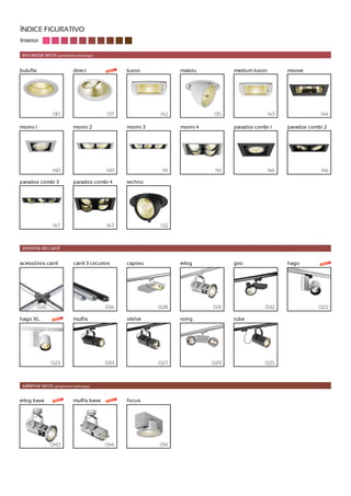 ÍNDICE FIGURATIVO
Interior

 encastrar tecto (projectores descarga)


bulufla                      direct           novo   luxon             malotu            medium luxon         moove




                 130                         137                142               135                   143               144

morini 1                     morini 2                morini 3          morini 4          paradox combi 1      paradox combi 2




                 140                         140                 141               141                  146               146

paradox combi 3              paradox combi 4         techno




                 147                         147                132



 sistema de carril

acessórios carril            carril 3 circuitos      captivu           erlog             giro                 hago         novo




           035                              034                 028               031                032                  022

hago XL           novo       mulfis                  olshie            roing             tube




                 023                        033                 027               029                025



 saliente tecto (projectores descarga)

erlog base        novo       mulfis base      novo   focus




                 040                        044                 041
 