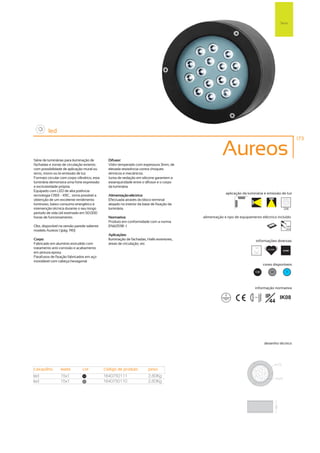Tecto




         led
                                                                                                                                                         173



Série de luminárias para iluminação de          Difusor:
                                                                                                       Aureos
fachadas e zonas de circulação exterior,        Vidro temperado com espessura 3mm, de
com possibilidade de aplicação mural ou         elevada resistência contra choques
tecto, mono ou bi-emissão de luz.               térmicos e mecânicos.
Formato circular com corpo cilíndrico, esta     Junta de vedação em silicone garantem a
luminária demonstra uma forte expressão         estanquicidade entre o difusor e o corpo
e exclusividade própria.                        da luminária.
Equipado com LED de alta potência
                                                                                                         aplicação da luminária e emissão de luz
tecnologia CREE - XRC, torna possível a         Alimentação eléctrica:
obtenção de um excelente rendimento             Efectuada através do bloco terminal
luminoso, baixo consumo energético e            alojado no interior da base de fixação da
intervenção técnica durante o seu longo         luminária.                                                                                       256
período de vida útil estimado em 50.000
horas de funcionamento.                         Normativa:                                  alimentação e tipo de equipamento eléctrico incluído
                                                Produto em conformidade com a norma
Obs. disponível na versão parede saliente       EN60598 -1                                                                                        230V
                                                                                                                                                  50Hz
modelo Aureos 1 (pág. 190)
                                                Aplicações:
Corpo:                                          Iluminação de fachadas, Halls exteriores,                                   informações diversas
Fabricado em alumínio extrudido com             áreas de circulação, etc.
tratamento anti-corrosão e acabamento                                                                                       15º
                                                                                                                                     50.000h
                                                                                                                                                6500K
em pintura epoxy.
Parafusos de fixação fabricados em aço
inoxidável com cabeça hexagonal.
                                                                                                                                   cores disponíveis

                                                                                                                           100         50          ?




                                                                                                                           informação normativa

                                                                                                                         ...0.5m    IP   IK08
                                                                                                                                      44




                                                                                                                                   desenho técnico




casquilho        watts         cor            código de produto          peso
led              15x1           100           1640750111                 2,60Kg
led              15x1           50            1640750110                 2,60Kg
 