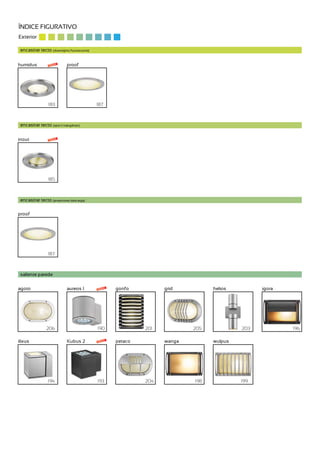 ÍNDICE FIGURATIVO
Exterior

 encastrar tecto (downlights fluorescente)


humidus           novo      proof




                 183                         187



 encastrar tecto (spot’s halogéneo)


inout             novo




                 185



 encastrar tecto (projectores descarga)

proof




                 187



 saliente parede


agoto                       aureos 1         novo   gonfo          grid          helios         igora




                206                          190             201           205            203           196

ilixus                      Kubus 2          novo   petaco         wanga         wulpus




                 194                         193             204           198            199
 
