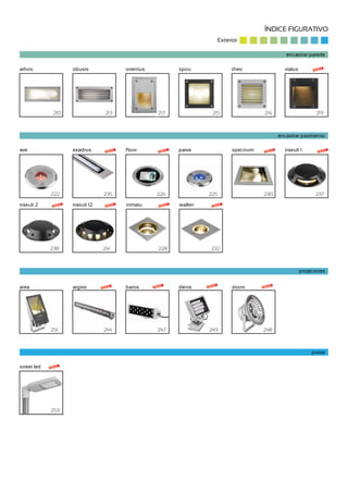 ÍNDICE FIGURATIVO
                                                                                Exterior

                                                                                                           encastrar parede

athos                obusis                orientus             spou                 theo                 vialux         novo




              210                  213                 217                 215                  214                       219



                                                                                                        encastrar pavimento

ave                  exadrus        novo   floor        novo    paiva                spectrum    novo     traxuli 1        novo




             222                  235                  226               225                    230                      237

traxuli 2     novo   traxuli 12     novo   trimatu       novo   walkin     novo




             238                  241                   228               232



                                                                                                                   projectores


area                 argivo       novo     baros      novo      denis    novo        zoom       novo




             251                  244                  247               249                    248



                                                                                                                        poste

street led   novo




             253
 