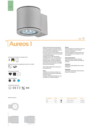Parede




                                                                                                                                        led
190

        Aureos 1                                             Série de luminárias para iluminação de        Difusor:
                                                             fachadas e zonas de circulação exterior,      Vidro temperado com espessura 3mm, de
                                                             com possibilidade de aplicação mural ou       elevada resistência contra choques
                                                             tecto, mono ou bi-emissão de luz.             térmicos e mecânicos.
                                                             Formato circular com corpo cilíndrico, esta   Junta de vedação em silicone garantem a
                                                             luminária demonstra uma forte expressão       estanquicidade entre o difusor e o corpo
                                                             e exclusividade própria.                      da luminária.
                                                             Equipado com LED de alta potência
      aplicação da luminária e emissão de luz
                                                             tecnologia CREE - XRC, torna possível a       Alimentação eléctrica:
                                                             obtenção de um excelente rendimento           Efectuada através do bloco terminal
                                                             luminoso, baixo consumo energético e          alojado no interior da base de fixação da
                          256                                intervenção técnica durante o seu longo       luminária.
                                                             período de vida útil estimado em 50.000
      alimentação e tipo de equipamento eléctrico incluído   horas de funcionamento.                       Normativa:
                                                                                                           Produto em conformidade com a norma
          230V                                               Obs. também disponível na versão com          EN60598 -1
          50Hz
                                                             bi-emissão de luz
                                                                                                           Aplicações:
      informações diversas                                   Corpo:                                        Iluminação de fachadas, Halls exteriores,
                                                             Fabricado em alumínio extrudido com           áreas de circulação, etc.
        50.000h
                                   15º                       tratamento anti-corrosão e acabamento
                  6500K
                                                             em pintura epoxy.
                                                             Parafusos de fixação fabricados em aço
                                                             inoxidável com cabeça hexagonal.
      cores disponíveis

       100        50              ?




      informação normativa

                                ...0.5m   IP   IK08
                                            44




      desenho técnico
                                                                    casquilho        watts          cor       código de produto             peso
                                                                    led              15x1           100
                                                                                                              1640750070                    3,90Kg
                                                                    led              15x1           50
                                                                                                              1640750071                    3,90Kg
 