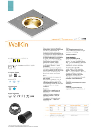 Pavimento




                                                                                                   halogénio / fluorescente
232

       WalKin                                                                   Gama de luminárias com aplicação                       Difusor:
                                                                                encastrada no pavimento, vocacionada                   Vidro temperado transparente com
                                                                                para decoração e orientação de                         espessura 8mm resistente á passagem
                                                                                ambientes interiores ou exteriores.                    de veículos até 3000Kg.
                                                                                A importância em obter um ponto de luz
                                                                                no pavimento com pequenas dimensões                    Alimentação eléctrica:
                                                                                adaptado às necessidades crescentes
                                                                                da arquitectura moderna, foram o ponto                 Versão halogéneo e
      aplicação da luminária e emissão de luz
                                                                                de partida para o desenvolvimento e                    fluorescente QPAR 16 e ML-F:
                                                                                produção em série do modelo WalKin.                    Dotado de uma entrada para cabo
                                                                                Disponibiliza o funcionamento                          H07RN-F 3G1,5mm2 com bucin métrico
                                                                                diferenciado com dois tipos de                         M20, a sua ligação eléctrica é efectuada
                                                                                lâmpadas, halogéneo ou fluorescente,                   ao ligador com aperto mecânico
      alimentação e tipo de equipamento eléctrico incluído                      tendo especial destaque a versão                       localizado no interior do seu corpo.
                                                                                fluorescente.
          230V
                       12V
                                                                                As baixas temperaturas atingidas ao                    Versão halogéneo QR-CB51:
          50Hz
                                                                                nível do seu vidro difusor, possibilitam a             Dotado de uma entrada para cabo
                                                                                sua aplicação em locais com risco de ser               H05RN-F 2X1mm2 com bucin métrico
      informações diversas                                                      pisado com os pés descalços, não                       M20, a sua ligação eléctrica é efectuada
                                                                                provocando risco de queimadura.                        ao ligador com aperto mecânico
                                    30º
        63º                                                                                                                            localizado no interior do seu corpo.
                           3000kg                                               Corpo:                                                 Obs.: Utilizar um transformador
        fluorescente                                                            Alumínio injectado com tratamento                      240V-12V (não incluído) com colocação
                                                                                anti-corrosão.                                         no inicio da linha de alimentação.
      opcionais (12V)
                                                                                Aro de remate frontal com 4 mm de
                                                                                espessura e acabamento biselado,                       Normativa:
                                                                                fabricado em aço inoxidável AISI 316.                  Produto em conformidade com a norma
                                                                                Os parafusos de fixação são fabricados                 EN60598 -1
                                                                                em aço inoxidável com cabeça
      cores disponíveis                                                         hexagonal.                                             Aplicações:
                                                                                                                                       Iluminação de pequenas árvores,
        20             ?                                                        Casquilho:                                             pequenos detalhes arquitectónicos, etc
                                                                                Cerâmico GU5.3 para lâmpada de
                                                                                halogéneo QR-CB51 (Classe III de
                                                                                isolamento)
      informação normativa
                                                                                Cerâmico GU10 para lâmpada de
                                          ...0.5m   IP IK10                     halogéneo QPAR 16 (Classe I de
                                                      67                        isolamento)
                                                                                Termoplástico GX53 para lâmpada
                                                                                fluorescente ML-F (Classe I de
                                                                                isolamento)



                                                                                               casquilho         watts          cor            código de produto           peso
                                                                                    art:3400   GU5.3             50              20
                                                                                                                                               1630750117                  0,87Kg
                                                                                    art:3500   GU10              50              20
                                                                                                                                               1630750116                  0,84Kg
                                                                                    art:3600   GX53              7               20
                                                                                                                                               1630750118                  0,76Kg

                                                                                               acessórios opcionais
                                                                                   art:100-A   grelha anti-encandeamento                        1630570001
                                                                                               Obs. aplicável nas versões halogénio.




      Para colocação do modelo WalKin no pavimento,
      é necessária a instalação prévia do negativo fornecido com a luminária.
 