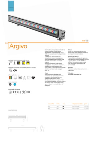 Projectores




                                                                                                                                        led
244

       Argivo                                                 Sistema de iluminação linear com LED de    Difusor:
                                                              elevado índice de emissão de luz,          Difusor em vidro liso temperado com
                                                              disponível em comprimentos de 600 e        espessura de 4mm e elevada resistência
                                                              1000 mm para aplicação mural, pavimento    ao choque térmico e mecânico.
                                                              ou tecto.
                                                              A Argivo está desenvolvida para            Alimentação eléctrica:
                                                              utilizações tecnicamente avançadas e       É aconselhável a utilização do ligador ou
                                                              especificidade singular conferindo total   caixa de derivação estanque, para efectuar
      aplicação da luminária e emissão de luz
                                                              liberdade de criatividade ao autor do      a ligação eléctrica ao cabo H07RN-F
                                                              projecto.                                  3G1,5mm2 fornecido com a luminária.
                                                              Magnifico na elaboração de efeitos         Obs.: Recomenda-se a utilização de
                                                              cenográficos, esta luminária encontra-se   conector IP68
                                                              disponível na versão standard com
      alimentação e tipo de equipamento eléctrico incluído    variação RGB ou especificamente a pedido   Normativa:
                                                              do cliente com sistema de variação         Produto em conformidade com a norma
         230V                                                 DMX 512.                                   EN60598 -1
         50Hz

                                                              Corpo:                                     Aplicações:
      informações diversas                                    Perfil em alumínio extrudido com           Iluminação de fachadas, etc.
                                                              tratamento anti-corrosão e tampas em
                    27º                       30º
                                                    50.000h
                                                              fundição de alumínio injectado com
                                                              acabamento em pintura epoxy.
                                    95º 95º
                                                              Parafusos fabricados em aço inoxidável
                                                              com cabeça hexagonal, efectuam o aperto
      cores disponíveis
                                                              das tampas finais ao perfil de alumínio,
        80          ?                                         garantindo assim o elevado índice de
                                                              protecção.


      informação normativa

                          ...0.5m
                                    IP IK08
                                      65




                                                                    casquilho       watts       cor              código de produto        peso

                                                                    led             18x1         80
                                                                                                                 1440750693               1,80Kg
                                                                    led             36x1         80
                                                                                                                 1440750692               2,99Kg
      desenho técnico
 