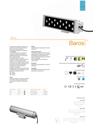 Projectores




         led
                                                                                                                                                               247



Luminária para aplicação mural, tecto ou        Difusor:
                                                                                                                Baros
pavimento com formas arredondadas               Vidro temperado transparente com 3mm
pouco acentuadas, traduzem a                    espessura
simplicidade, a elegância e o design do
modelo Baros.                                   Alimentação eléctrica:
O alumínio utilizado e a sua forma de           Fornecido com cabo H07RN-F 3G1,5mm2,
construção, transmitem a relação e o            a ligação eléctrica deverá ser efectuada à
equilíbrio harmonioso entre o seu baixo         pré cablagem incluída através de um
peso e rigidez do perfil.                       sistema de ligação que garanta o elevado                 aplicação da luminária e emissão de luz
O seu acabamento em cinzento                    índice de protecção.
metalizado, o negro expressivo da óptica        Obs.: Recomenda-se a utilização do
frontal e o contorno da lente do led,           conector IP68
produzem um contraste de cores atractivo
e futurista a este modelo, facilitando a sua    Normativa:                                   alimentação e tipo de equipamento eléctrico incluído
colocação em locais onde a fonte de             Produto em conformidade com a norma
emissão de luz esteja visivelmente              EN60598 -1                                                                                             230V
                                                                                                                                                       50Hz
acessível e necessária.
Equipado com led’s tecnologia CREE-XRE,         Aplicações:
o modelo Baros consegue debitar nas três        Iluminação de fachadas, árvores, painéis
                                                                                                                                informações diversas
potências os seguintes lúmens:                  publicitários, esculturas, etc.
9W - 414lm                                                                                                16º
                                                                                                                  50.000h
                                                                                                                                          33º
                                                                                                                               6500K
15W - 690lm
21W - 966lm                                                                                                                                          90º 90º



Corpo:                                                                                                                                 cores disponíveis
Alumínio extrudido e tampas em fundição                                                                                                    50           ?
de alumínio injectado, com tratamento
anti-corrosão e acabamento em pintura
epoxy.
                                                                                                                               informação normativa

                                                                                                                            ...0.5m     IP IK07
                                                                                                                                          65
casquilho         watts         cor            código de produto          peso
led                9x1           50            1640750001                 1,60Kg
led               15x1           50
                                               1640750002                 2,10Kg
led               21x1           50
                                               1640750003                 2,60Kg


                                                                                                                                       desenho técnico

                                                                                                                                                Baros 9W




                                                                                                                                                Baros 15W




                                                                                                                                                Baros 21W
 