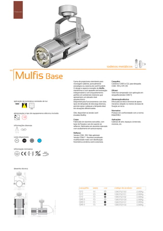 Projectores




                                                                                                          iodetos metálicos
44

      Mulfis Base                                           Gama de projectores orientáveis para             Casquilho:
                                                            montagem saliente, pontualmente                  Cerâmico GX8.5 e G12, para lâmpada
                                                            estratégica ou sistema de carril Eurolink.       CDM - R111 e HIT-CRI.
                                                            O design e aspecto inovador do Mulfis,
                                                            transforma-o num aparelho de iluminação          Difusor:
                                                            indispensável e com enquadramento                Vidro liso temperado com aplicação em
                                                            perfeito em ambientes interiores que             serigrafia (versão CDM-T).
                                                            apresentem um elevado nível
                                                            arquitectónico.                                  Alimentação eléctrica:
     aplicação da luminária e emissão de luz                Disponível para funcionamento com dois           Efectuada ao bloco terminal de aperto
                                                            tipos de lâmpadas de descarga distintos,         mecânico alojado no interior da base de
                                                            permite optar e adequar a lâmpada ideal          fixação ao tecto.
                             255                            em situações diferenciadas.
                                                                                                             Normativa:
     alimentação e tipo de equipamento eléctrico incluído   Obs. disponível na versão carril                 Produto em conformidade com a norma
                                                            (modelo Mulfis).                                 EN60598-1.
         230V
         50Hz
                                                            Corpo:                                           Aplicações:
                                                            Fabricado em alumínio extrudido, com             Galerias de arte, espaços comerciais,
                                                            base de fixação e aro de suporte ao              montras, etc.
     informações diversas                                   reflector, fabricados em alumínio injectado
                   355º
                                                            com acabamento em pintura epoxy.

      75º 75º
                                                            Reflector:
                                                            Versão CDM - R111- Não aplicável.
     cores disponíveis                                      Versão CDM-T - Alumínio anodizado
       00           100       50     ?                      multifacetado mate com distribuição
                                                            fotométrica simétrica semi-extensiva.


     informação normativa

                          ...1m
                                   IP     850º
                                     20



     desenho técnico




                                                                   casquilho         watts          cor         código de produto           peso
                                                                   G12               70             00
                                                                                                                1380752130                  2,80Kg
                                                                   G12               70             100
                                                                                                                1380752131                  2,80Kg
                                                                   G12               70             50
                                                                                                                1380752132                  2,80Kg
                                                                   GX8.5             70             00
                                                                                                                1380753100                  2,80Kg
                                                                   GX8.5             70             100
                                                                                                                1380753101                  2,80Kg
                                                                   GX8.5             70             50
                                                                                                                1380753102                  2,80Kg
 