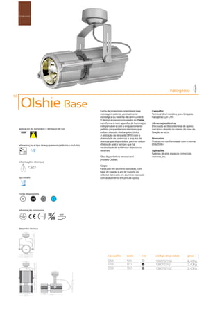 Projectores




                                                                                                                           halogénio
46

      Olshie Base                                           Gama de projectores orientáveis para           Casquilho:
                                                            montagem saliente, pontualmente                Terminal olhal metálico, para lâmpada
                                                            estratégica ou sistema de carril Eurolink.     halogéneo QR-LP111.
                                                            O design e o aspecto inovador do Olshie,
                                                            transforma-o num aparelho de iluminação        Alimentação eléctrica:
                                                            indispensável e com o enquadramento            Efectuada ao bloco terminal de aperto
     aplicação da luminária e emissão de luz                perfeito para ambientes interiores que         mecânico alojado no interior da base de
                                                            exibam elevado nível arquitectónico.           fixação ao tecto
                                                            A utilização da lâmpada QR111, com a
                                                            diversidade de potências e ângulos de          Normativa:
                                                            abertura que disponibiliza, permite utilizar   Produto em conformidade com a norma
     alimentação e tipo de equipamento eléctrico incluído   efeitos de realce sempre que há                EN60598-1
                                                            necessidade de evidenciar objectos ou
         230V                                               detalhes.                                      Aplicações:
         50Hz
                                                                                                           Galerias de arte, espaços comerciais,
                                                            Obs. disponível na versão carril               montras, etc.
                                                            (modelo Olshie).
     informações diversas
                                                            Corpo:
                   355º
                                                            Fabricado em alumínio extrudido, com
      75º 75º
                                                            base de fixação e aro de suporte ao
                                                            reflector fabricado em alumínio injectado
     opcionais                                              com acabamento em pintura epoxy.




     cores disponíveis
       00           100        50     ?




     informação normativa

                          ...0.8m
                                    IP     850º
                                      20

     desenho técnico




                                                                   casquilho         watts         cor        código de produto            peso
                                                                   G53               100            00
                                                                                                              1380752150                   2,40Kg
                                                                   G53               100            100
                                                                                                              1380752151                   2,40Kg
                                                                   G53               100            50
                                                                                                              1380752152                   2,40Kg
 