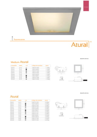 Downlights




        fluorescente
                                                                                                  73

                                                                            Atural
                                                                               desenho técnico


Medium Atural
 casquilho    watts      cor      código de produto    peso
 G24d1        2x13           00
                                  1380751590           1,79Kg
 G24d1        2x13          100
                                  1380753650           1,79Kg
 G24d1        2x13           50
                                  1380751595           1,79Kg
 G24d1        2x13           40
                                  1380751600           1,79Kg
 G24d2        2x18           00
                                  1380752253           1,79Kg
 G24d2        2x18          100
                                  1380753651           1,79Kg
 G24d2        2x18           50
                                  1380751598           1,79Kg
 G24d2        2x18           40
                                  1380751603           1,79Kg
                                                                150x145mm




                                                                               desenho técnico


Atural
casquilho    watts     cor        código de produto   peso
G24d1        2x13      00
                                  1380751320          2,09Kg
G24d1        2x13      100
                                  1380753640          2,09Kg
G24d1        2x13      50
                                  1380751330          2,09Kg
G24d1        2x13      40
                                  1380751340          2,09Kg
G24d2        2x18      00
                                  1380752580          2,09Kg
G24d2        2x18      100
                                  1380753641          2,09Kg
G24d2        2x18      50
                                  1380751331          2,09Kg
G24d2        2x18      40
                                  1380751341          2,09Kg
G24d3        2x26      00
                                  1380752581          2,35Kg    190x185mm
G24d3        2x26      100
                                  1380753642          2,35Kg
G24d3        2x26      50
                                  1380751335          2,35Kg
G24d3        2x26      40
                                  1380751342          2,35Kg
 