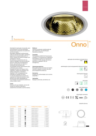 Downlights




        fluorescente
                                                                                                                                                   83



Downlight de aplicação encastrada, para        Reflector:
                                                                                                             Onno
funcionamento com duas lâmpadas                Alumínio anodizado multifacetado de
fluorescentes compactas nas potências          alto rendimento com distribuição
13, 18 ou 26 watts.                            fotométrica simétrica.
Montagem adaptável a praticamente
todos os tipos de tecto falso, ajustável a     Casquilho:
espessuras compreendidas entre 1 e             Termoplástico G24d1/2/3, fluorescente
33mm, através de molas de fixação com          compacta TC-D (versão ferro magnético).
nivelamento manual.                            Termoplástico G24q1/2/3, fluorescente
                                                                                                      aplicação da luminária e emissão de luz
De salientar a característica do seu           compacta TC-DEL (versão electrónico,
reflector Darklight. Esta técnica permite      electrónico regulável 1-10V ou
atenuar o efeito de encandeamento              emergência).
directo, aproveitando ao máximo o
rendimento da luminária sem
necessidade de olhar directamente para         Alimentação eléctrica:                    alimentação e tipo de equipamento eléctrico incluído
o elemento que o produz.                       Efectuada ao bloco terminal com aperto
Equipado de série com balastro ferro           mecânico alojado no interior da caixa                                                        230V
                                                                                                                                            50Hz
magnético, poderá ser equipado com             porta equipamento eléctrico.
balastro electrónico, electrónico
regulável 1-10V ou equipamento de              Normativa:
                                                                                                                        informações diversas
emergência a pedido do cliente.                Produto em conformidade com a norma
A caixa de equipamento encontra-se             EN60598 -1.
separada do corpo da luminária, o que
permite uma maior flexibilidade na             Aplicações:
acomodação do equipamento eléctrico a          Espaços comerciais, escritórios, etc.
colocar sobre o tecto.                                                                                                                opcionais

Corpo:
Estrutura em aço moldado, com aro de
remate em alumínio injectado e
acabamento escovado ou pintura epoxy.                                                                                        cores disponíveis

                                                                                                      00         100    50       40         ?




                                                                                                                        informação normativa

                                                                                                                       IP                850º
                                                                                                                         20 IK04
                                                                                                             ...0.8m




                                                                                                                             desenho técnico

casquilho        watts        cor            código de produto          peso
G24d1            2x13          00
                                             1380753610                 1,92Kg
G24d1            2x13          100
                                             1380753612                 1,92Kg
G24d1            2x13          50
                                             1380753611                 1,92Kg
G24d1            2x13          40
                                             1380753613                 1,92Kg
G24d2            2x18          00
                                             1380753620                 1,92Kg
G24d2            2x18          100
                                             1380753622                 1,92Kg
G24d2            2x18          50
                                             1380753621                 1,92Kg
G24d2            2x18          40
                                             1380753623                 1,92Kg
G24d3            2x26          00
                                             1380751695                 2,18Kg
G24d3            2x26          100
                                             1380753632                 2,18Kg
G24d3            2x26          50
                                             1380753631                 2,18Kg                205mm
G24d3            2x26          40
                                             1380753633                 2,18Kg
 