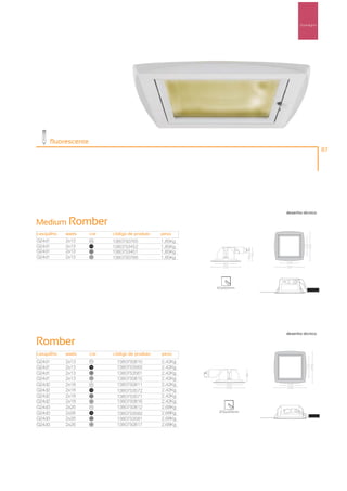 Downlights




        fluorescente
                                                                                          87




                                                                       desenho técnico

Medium Romber
casquilho   watts      cor   código de produto   peso
G24d1       2x13       00
                             1380750765          1,85Kg
G24d1       2x13       100
                             1380753452          1,85Kg
G24d1       2x13       50
                             1380753451          1,85Kg
G24d1       2x13       40
                             1380750766          1,85Kg




                                                          165x160mm




                                                                       desenho técnico

Romber
casquilho   watts      cor   código de produto   peso
G24d1       2x13       00
                               1380750810        2,42Kg
G24d1       2x13       100
                               1380753562        2,42Kg
G24d1       2x13       50
                               1380753561        2,42Kg
G24d1       2x13       40
                               1380750815        2,42Kg
G24d2       2x18       00      1380750811        2,42Kg
G24d2       2x18       100
                               1380753572        2,42Kg
G24d2       2x18       50
                               1380753571        2,42Kg
G24d2       2x18       40      1380750816        2,42Kg
G24d3       2x26       00
                               1380750812        2,68Kg
G24d3       2x26                                 2,68Kg    205x205mm
                       100
                               1380753582
G24d3       2x26       50
                               1380753581        2,68Kg
G24d3       2x26       40
                               1380750817        2,68Kg
 