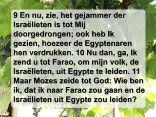 9 En nu, zie, het gejammer der
Israëlieten is tot Mij
doorgedrongen; ook heb Ik
gezien, hoezeer de Egyptenaren
hen verdrukken. 10 Nu dan, ga, Ik
zend u tot Farao, om mijn volk, de
Israëlieten, uit Egypte te leiden. 11
Maar Mozes zeide tot God: Wie ben
ik, dat ik naar Farao zou gaan en de
Israëlieten uit Egypte zou leiden?
 