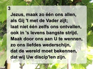3
 Jezus, maak zo één ons allen,
 als Gij 't met de Vader zijt;
 laat niet één zelfs ons ontvallen,
 ook in 's levens bangste strijd.
 Maak door ons aan U te wennen,
 zo ons liefdes wederschijn,
 dat de wereld moet bekennen,
 dat wij Uw discip'len zijn.
 