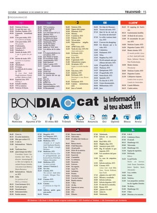 diumenge 22 de gener de 2012                                                                                                                   televIsIÓ 15
PROGRAMACIÓ



06.00	   Noticias	24	horas.            06.00	   TVE	es	música.	              06.00	   Notícies	3/24.                06.00	 Els	Alps	de	Messner.	        06.45	 El	 zapping	 de	 Surfe-
08.30	   Lo	que	hay	que		ver.          06.45	   That’s	English.              10.00	   Signes	dels	temps.	           06.55	 Tresors	del	món.	(ST)
                                       07.30	   UNED.	(E)                                                                                                      ros.
09.00	   Destino:	España.	(ST)                                               10.50	   Planetari.	(ST)
                                       08.00	   Los	conciertos	de	La	2.	                                            07.10	 Què	 hi	 ha	 de	 real	 en	   08.15	 Gastronomía	insólita.
09.50	   Comando	 actualidad.	                                               12.30	   Sheena.
                                       08.45	   Shalom.	(ST)                                                               les	sèries	de	televisió?
         (ST)                                                                13.15	   Crackòvia.	(ST)                                                   11.00	 Al	final	de	mi	correa.
                                       09.10	   Buenas	noticias	tv.
10.50	   Cine	para	todos.	(ST)                                               13.50	   Polònia.	(ST)                 07.30	 La	vella	i	curiosa	Amè-
                                       09.25	   La	fábrica	de	ideas.	                                                                                   12.00	 El	 encantador	 de	 per-
	        Los cachorros de Buddy.       10.00	   Últimas	preguntas.           14.20	   Tot	un	món.                          rica.	(ST)
12.05	   Cine	para	todos.	(ST)         10.25	   Testimonio.	(ST)             14.30	   Telenotícies	 migdia.	        08.15	 L’envers	du	shopping.               ros.	(ST)
	        Pies grandes.                 10.30	   El	día	del	Señor.	                    (ST)                                                              14.00	 Noticias	Cuatro.	(ST)
                                       11.30	   Pueblo	de	Dios.	                                                    09.05	 Un	 disseny	 per	 a	 la	
14.00	   L’informatiu.                                                       15.40	   APM?	Extra.	(ST)
14.30	   Corazón.	(ST)                 12.00	   Babel	en		TVE.	(ST)                                                        vida.	(ST)                   14.50	 Deportes	Cuatro.	(ST)
                                       12.30	   Los	oficios	de	la	cultu-     16.20	   Tarda	de	cine.	(ST)	(N)
15.00	   Telediario	1.	                                                                                             10.00	 Catmúsica.                   15.45	 Home	cinema.	(ST)
                                                ra.		                        	        Amor amb preavís.	
16.00	   Sesión	de	tarde.	(ST)         13.00	   E+I	emprendedores	in-                                               12.05	 Parlament.	(ST)
                                                                             18.05	   Pel·lícula.	(ST)                                                  	      El mundo perdido: Juras-
	        Y que le gusten los per-               novadores.	(ST)                                                     12.30	 Tr3sc.	
                                                                             	        El pistoler.                                                             sic Park. Amb Jeff Gold-
         ros.	                         13.30	   Jose	Made	in	Spain.
                                                                             19.40	   Erica.	(ST)                   12.45	 Stephen	Fry.	(ST)
17.30	   Sesión	de	tarde.	(ST)         14.00	   El	escarabajo	verde.	                                                                                          blum, Julianne Moore,
	        Secuestro en el paraíso.	     14.30	   Arqueomanía.	(ST)            20.25	   L’aprenent.	(ST)              13.45	 Els	60	animals	més	pe-
19.00	   +gente.                       15.00	   Ruta	Quetzal.                21.00	   Telenotícies	vespre.                 rillosos	del	món.	(ST)              Pete Postlewhaite.
21.00	   Telediario	2.                 15.35	   Saber	y	ganar.	(ST)          21.50	   30	minuts.	(ST)                                                   18.00	 Home	cinema.
                                       16.15	   Grandes	 documenta-                                                 14.50	 D’aquíd’allà.	(ST)
22.05	   El	temps.	                                                          	        Egipte, la revolta inacaba-
                                                les.                                  da.                           15.45	 Thalassa.	(ST)               	      Pterodactyl.
22.15	   La	película	de	la	sema-       18.05	   Miradas	2.
         na.	(ST)                                                            22.30	   Sota	terra.	(ST)              16.25	 Quèquicom.	(ST)              20.00	 Noticias	Cuatro.	(ST)
                                       18.20	   Zoom	net.
	        El truco final.	 Amb	         18.35	   En	movimiento.               23.25	   Jokebox.	(ST)                 17.20	 D’aquíd’allà.	(ST)           20.45	 Deportes	Cuatro.
         Hugh	Jackman,	Christi-        19.05	   La	 ciencia	 del	 sex	 ap-   00.00	   Pel·lícula.	(ST)              19.05	 Sense	ficció.	(ST)
         an	Bale	i	Rebecca	Hall.                peal.                        	        Benvingut a casa, Roscoe                                          21.30	 Callejeros	viajeros.
                                                                                                                    20.30	 Sputnik.	(ST)
00.10	   Especial	cine.	(ST)           20.30	   Tres	14.                              Jenkins.                                                          	      Londres tiene un precio.
                                       21.00	   Página	2.                                                           21.30	 En	clau	de	vi.	(ST)
	        Parking 2.                                                          01.55	   Parlament.	(ST)                                                          Canales de Amsterdam.	
                                       21.30	   Redes	2.0.                                                          22.25	 Grans	documentals.	
01.45	   Estudio	estadio.              22.00	   Documentos	TV.               02.20	   Camins	 misteriosos.	
02.55	   TVE	es	música.                                                               (ST)                          00.00	 Millennium.	(ST)             00.30	 Cuarto	Milenio.
                                       23.00	   Imprescindibles.	(ST)
04.30	   Noticias	24	horas.	           00.00	   El	documental.               03.45	   Jazz	a	l’estudi.              01.00	 Jazz.                        04.15	 Cuatro	astros.




    BONDIA                                                                                    cat                                la informació
                                                                                                                                 al teu abast !!!
                                                                                                                                 23
                        Apunts d’Or




06.45	   I	love	tv.                    07.30	   Megatrix.	(ST)               07.00	 Bonus	music.                    07.00	 Teletienda.                  07.00	 8	de	8.
08.15	   El	coche	fantástico.          14.00	   Los	Simpson.	(ST)            07.30	 Televenda.                      07.30	 laSexta	 en	 concierto.	     07.25	 Catalunya	blues.
12.00	   Más	que	coches	GT.            15.00	   Antena	3	Noticias	1.         08.00	 El	debat	del	Lleida	ac-                (ST)                         07.50	 El	mirall.
                                       16.00	   Multicine.	(ST)                     tiva.                           08.30	 Real	NBA.	(ST)
13.00	   I	vole	tv.                                                                                                                                     08.15	 Hamburgo	112.	
                                       	        Atrapada en el engaño.       08.45	 Bonus	music.	
15.00	   Informativos	 Telecin-                                                                                     08.55	 Mighty	ship.	(ST)
                                                Amb Stephanie Bauder,        09.00	 Club	Banyetes.                                                      09.00	 Televenda.
         co.                                    Serge Houde i Joseph                                                09.55	 America’s	port.	(ST)
                                                                             10.00	 Al	pot	petit.                   10.55	 Big.	 El	 tamaño	 sí	 que	   11.00	 Hamburgo	112.
16.00	   Vuélveme	loca.                         Mesiano.
                                                                             10.30	 Diari	de	la	música.                    importa.	(ST)                12.30	 Equip	de	reporters.
18.00	   ¡Qué	tiempo	tan	feliz!	       17.45	   Multicine.	(ST)
                                       	        Asesinato silencioso. Cin-   11.00	 Bonus	music.                    12.00	 Los	cazadores	del	pan-       13.20	 Pel·lícula.	
         Convidats: l’actor i hu-                                            12.30	 Fanzivid.
                                                ta protagonitzada per                                                      tano.                        	      Rebeca.
         morista José Mota, el                                               13.00	 Ciutadella.
                                                Jessica Swarz, Fritz Karl,                                          13.00	 La	 casa	 de	 empeños.	
         director cinematográfi-                                             13.30	 La	setmana.                                                         16.25	 La	pel·lícula.
                                                Tatjana Alexander.                                                         (ST)
         co Álex de la Iglesia, la     19.45	   Multicine.	(ST)              14.00	 Socarrats.                                                          	      Pasión      sin   barreras.	
                                                                                                                    13.55	 laSexta	noticias.	(ST)
         cantant Soraya Arnelas,       	        Su única coartada.           14.30	 Univers.                                                                   Amb Susan Sarandon,
                                                                                                                    15.30	 Cinema.	(ST)
         i els actors Luis Merlo y     21.00	   Antena	3	Noticias	2.         15.00	 Xs-esports.                                                                James Spader, Jason
                                       22.00	   Ver	cine.                                                           	      Calma total. Amb Billy
         María Barranco.                                                     17.00	 Aran	TV.
                                       22.15	   Cinema.	(ST)                                                               Zane, Nicole Kidman,                Alexander.
20.55	   Informativos	 Telecin-                                              18.00	 Solidària.
                                       	        The contract. Amb John                                                     Sam	Neill.	                  18.05	 Ley	y	orden.
         co.	(ST)                                                            18.30	 Promo.
                                                Cusack, Morgan Free-         19.00	 Aventures.                      17.15	 ¿Quién	vive	ahí?	(ST)        18.50	 Poirot.
22.00	   Aída.                                  man.                                                                18.15	 Minuto	y	resultado.
                                                                             19.30	 L’art	de	l’artesà.                                                  20.30	 Notícies.
	        Los guinness al sol.          23.45	   Cinema.	(ST)                                                        20.00	 laSexta	noticias.
                                                                             20.00	 Banda	sonora.                                                       21.05	 Los	pequeños	asesina-
         Moros y cristianos.           	        Instinto asesino.                                                   20.55	 laSexta	deportes.	(ST)
                                       01.30	   Cinema.	                     20.30	 7	dies.                                                                    tos	de	Agatha	Christie.
00.15	   Gran	hermano	12+1.                                                  21.30	 Al	dia.                         21.30	 El	club	de	la	comedia.	
                                       	        El fantasma de High Ri-                                                                                 23.00	 Tú	dirás...
02.30	   Locos	por	ganar.                                                    22.00	 Esports	en	xarxa.               22.30	 Bones.	(ST)
                                                ver.
04.00	   Nosolomusica.                                                       22.30	 Nius.                           02.00	 ¿Quién	vive	ahí?             01.00	 Hamburgo	112.
                                       02.30	   Adivina	 quién	 gana	
04.30	   Infocomerciales.                       esta	noche.                  23.00	 DO.                             02.30	 Astro	tv.                    01.45	 Clips.
05.30	   Fusión	sonora.	               04.15	   Únicos.                      23.45	 Filmets.                        06.00	 Teletienda.                  02.00	 Directos	a	tu	corazón.


                           (E) Estéreo // (D) Dual // (VOS) Versió original subtitulada // (ST) Subtítol al Teletext // (N) Comentaris per invidents
 