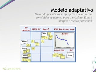 Modelo adaptativo
Formado por vários subprojetos que ao serem
concluídos se avança para o próximo. É mais
simples e menos previsível.
 