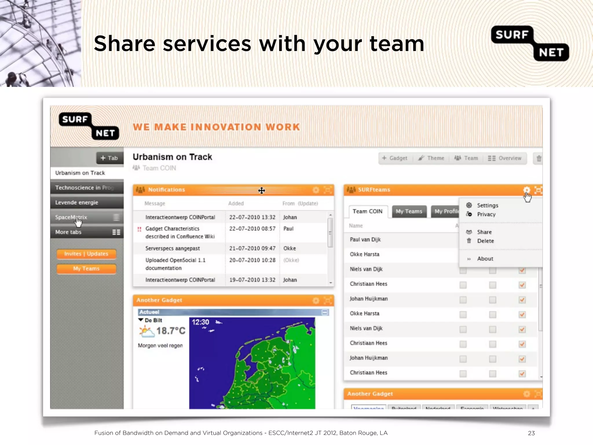 Share services with your team




Fusion of Bandwidth on Demand and Virtual Organizations - ESCC/Internet2 JT 2012, Baton Rouge, LA   23
 