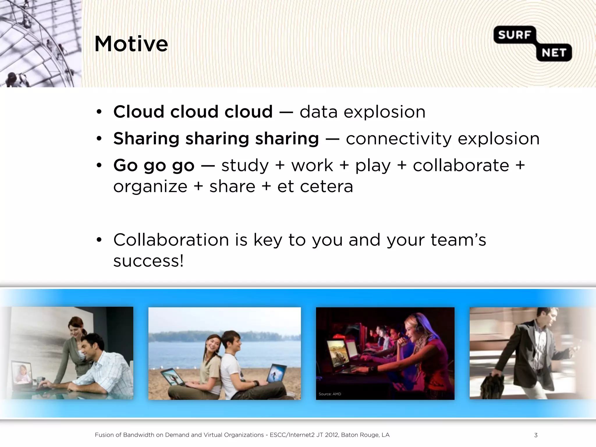 Motive


• Cloud cloud cloud — data explosion
• Sharing sharing sharing — connectivity explosion
• Go go go — study + work + play + collaborate +
  organize + share + et cetera


• Collaboration is key to you and your team’s
  success!




                                                                         Source: AMD




Fusion of Bandwidth on Demand and Virtual Organizations - ESCC/Internet2 JT 2012, Baton Rouge, LA   3
 