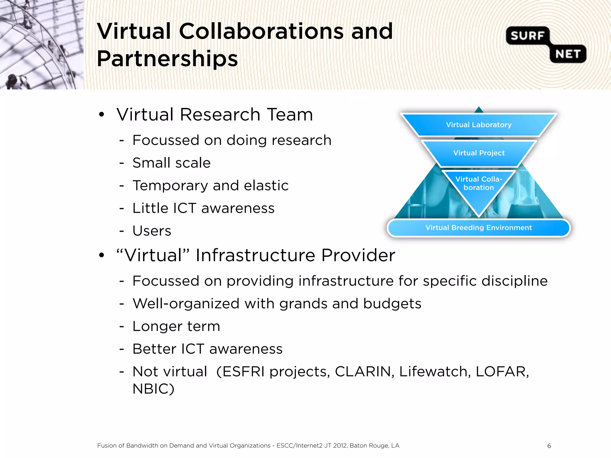 Virtual Collaborations and
Partnerships

• Virtual Research Team                                                                                  Virtual Laboratory

      - Focussed on doing research
                                                                                                           Virtual Project
      - Small scale
                                                                                                           Virtual Colla-
      - Temporary and elastic                                                                                boration


      - Little ICT awareness
      - Users                                                                                       Virtual Breeding Environment



• “Virtual” Infrastructure Provider
      - Focussed on providing infrastructure for speciﬁc discipline
      - Well-organized with grands and budgets
      - Longer term
      - Better ICT awareness
      - Not virtual (ESFRI projects, CLARIN, Lifewatch, LOFAR,
        NBIC)


Fusion of Bandwidth on Demand and Virtual Organizations - ESCC/Internet2 JT 2012, Baton Rouge, LA                                  6
 