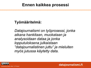 Ennen kaikkea prosessi



                         Työmääritelmä:

                         Datajournalismi on työprosessi, jonka
                         aikana hankitaan, muokataan ja
                         analysoidaan dataa ja jonka
                         lopputuloksena julkaistaan
                         ”datajournalistinen juttu” ja mieluiten
                         myös jutussa käytetty data.


Attribution-Share Alike 1.0 Finland
 