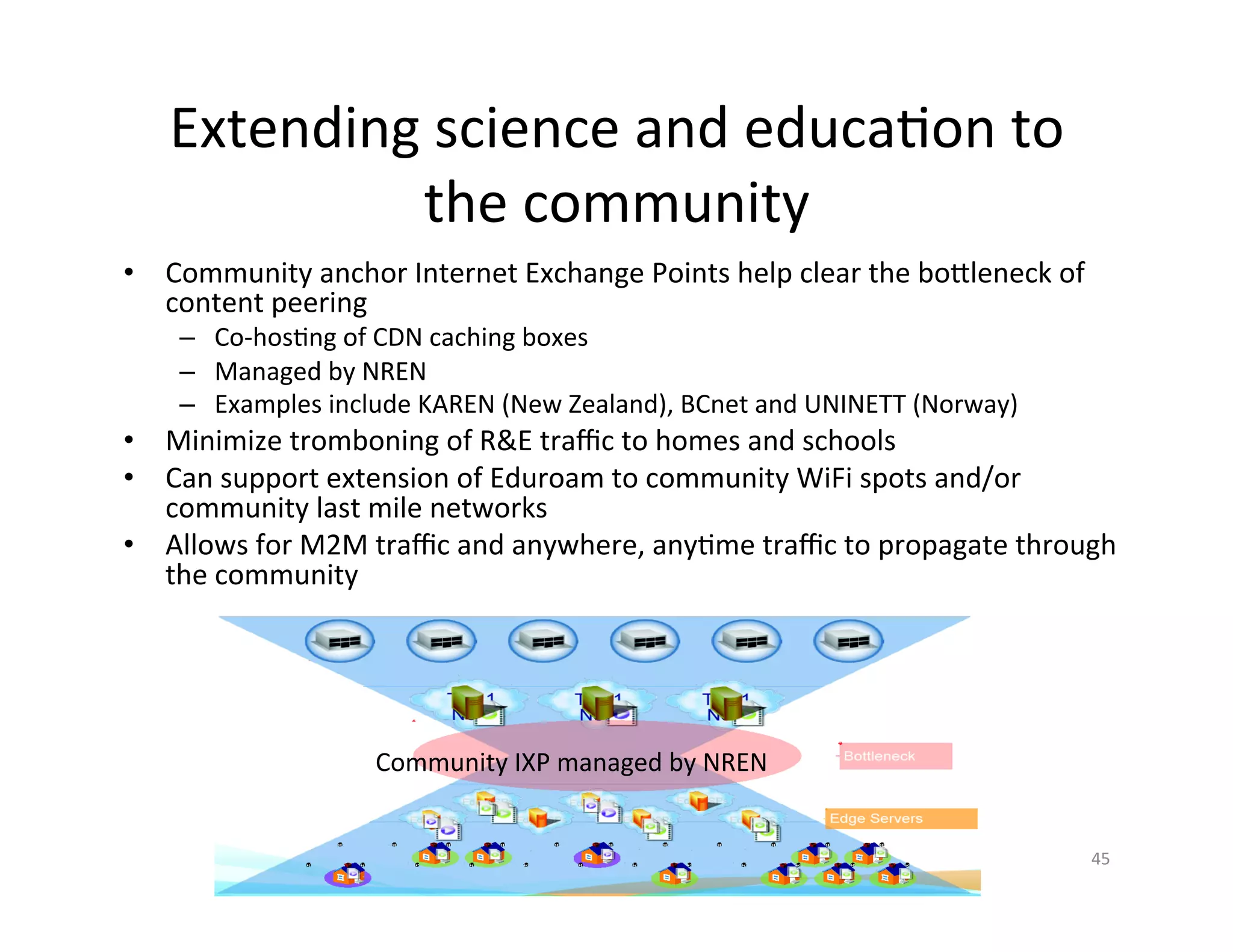 Extending	
  science	
  and	
  educaKon	
  to	
  
              the	
  community	
  	
  
•  Community	
  anchor	
  Internet	
  Exchange	
  Points	
  help	
  clear	
  the	
  boIleneck	
  of	
  
   content	
  peering	
  
     –  Co-­‐hosKng	
  of	
  CDN	
  caching	
  boxes	
  
     –  Managed	
  by	
  NREN	
  
     –  Examples	
  include	
  KAREN	
  (New	
  Zealand),	
  BCnet	
  and	
  UNINETT	
  (Norway)	
  
•  Minimize	
  tromboning	
  of	
  R&E	
  traﬃc	
  to	
  homes	
  and	
  schools	
  
•  Can	
  support	
  extension	
  of	
  Eduroam	
  to	
  community	
  WiFi	
  spots	
  and/or	
  
   community	
  last	
  mile	
  networks	
  
•  Allows	
  for	
  M2M	
  traﬃc	
  and	
  anywhere,	
  anyKme	
  traﬃc	
  to	
  propagate	
  through	
  
   the	
  community	
  




                           Community	
  IXP	
  managed	
  by	
  NREN	
  


                                                                                                       45	
  
 