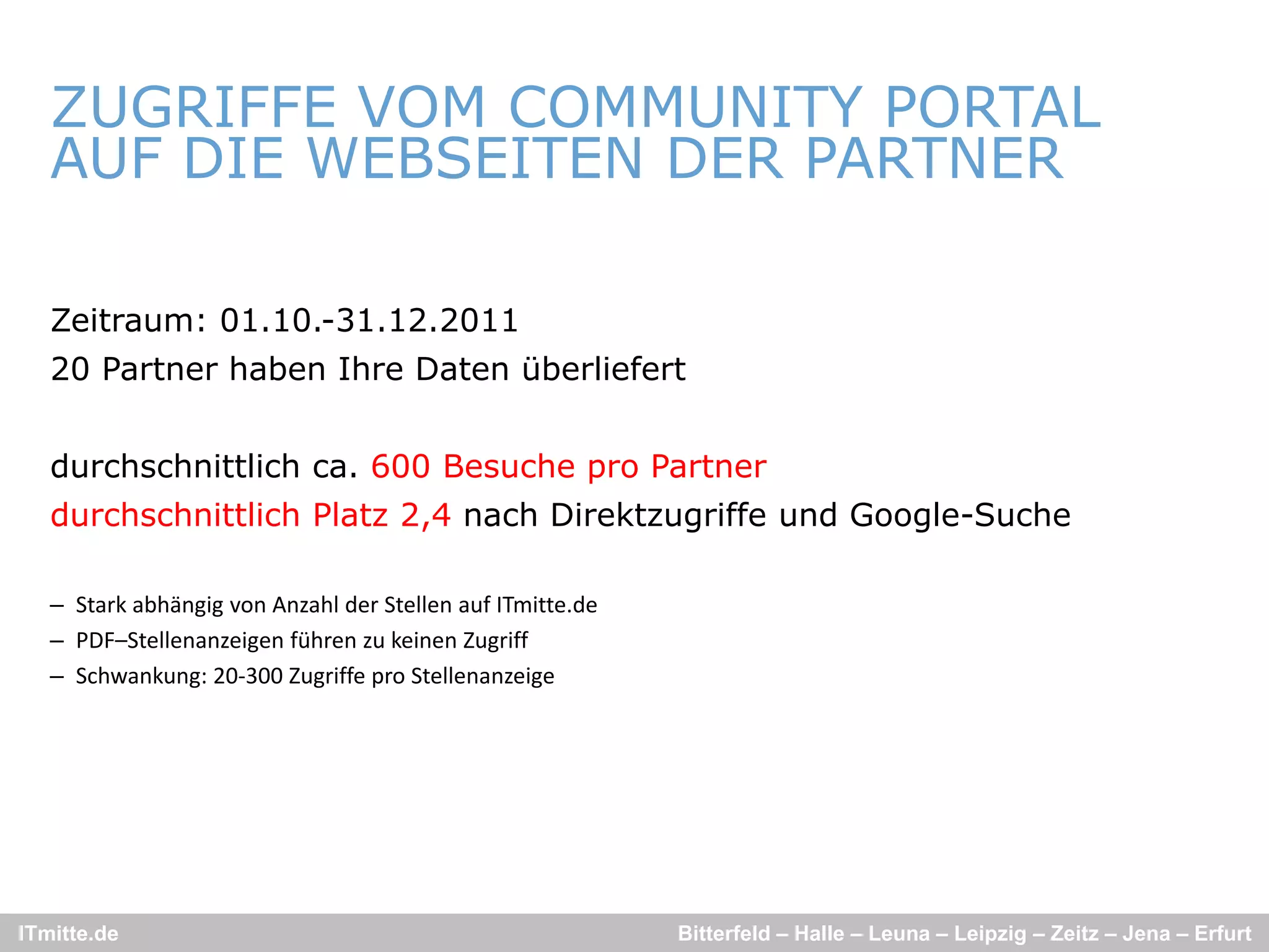 ZUGRIFFE VOM COMMUNITY PORTAL
   AUF DIE WEBSEITEN DER PARTNER

   Zeitraum: 01.10.-31.12.2011
   20 Partner haben Ihre Daten überliefert


   durchschnittlich ca. 600 Besuche pro Partner
   durchschnittlich Platz 2,4 nach Direktzugriffe und Google-Suche

   – Stark abhängig von Anzahl der Stellen auf ITmitte.de
   – PDF–Stellenanzeigen führen zu keinen Zugriff
   – Schwankung: 20‐300 Zugriffe pro Stellenanzeige
     Schwankung: 20 300 Zugriffe pro Stellenanzeige




ITmitte.de                                                  Bitterfeld – Halle – Leuna – Leipzig – Zeitz – Jena – Erfurt
 